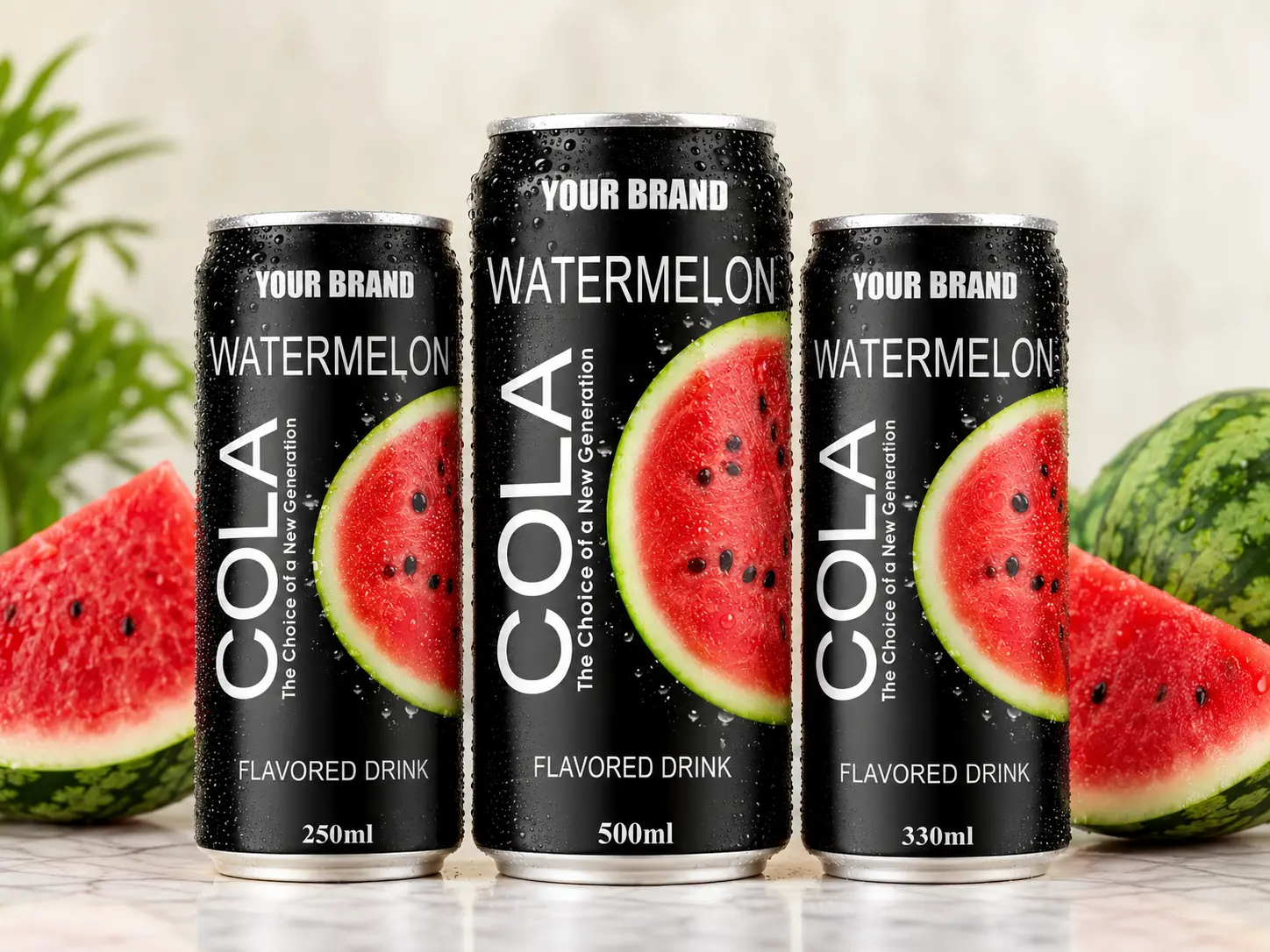 COLA DRINK Watermelon flavour in 250ml, 500ml, and 330ml cans.